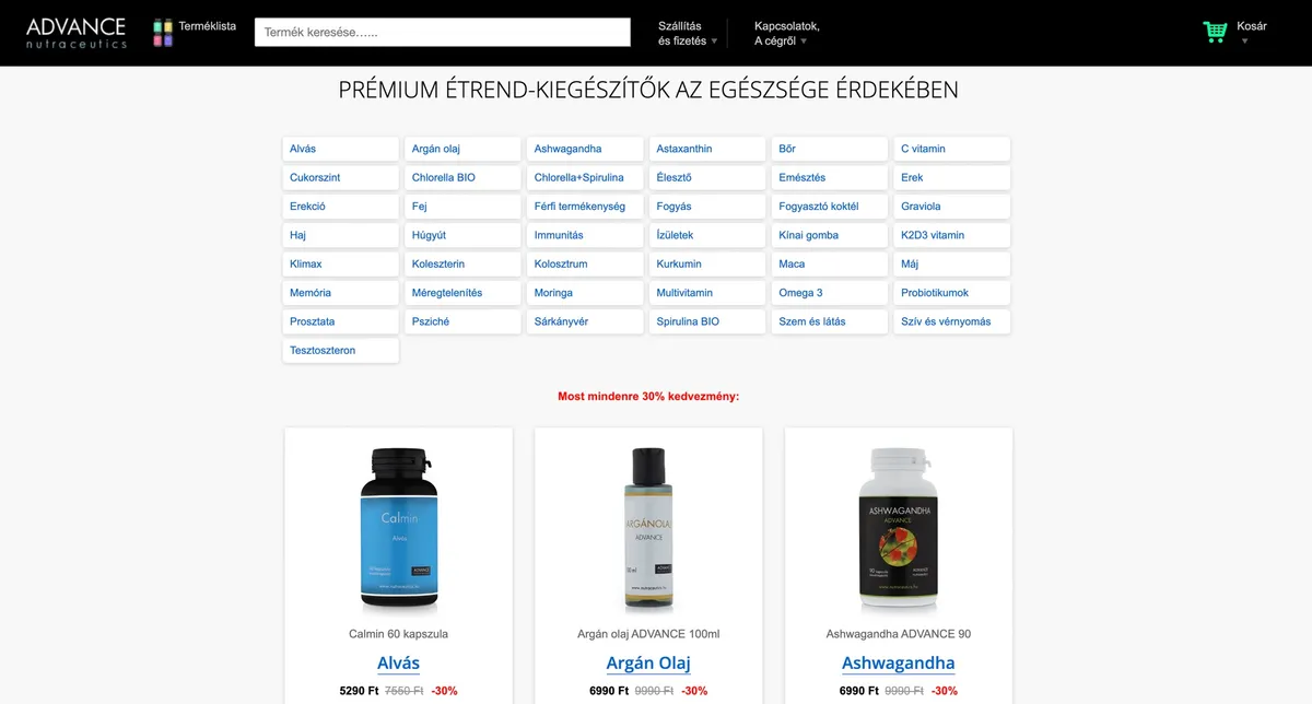 Az ADVANCE Nutraceutics webshop nyitóoldala a termékek táblázatával