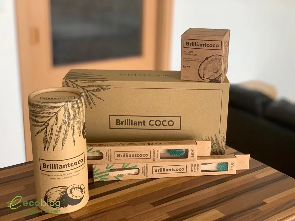A Brilliantcoco szett tartalma: oil pulling tanfolyam, fogkrém, fogkefe és nyelvtisztító