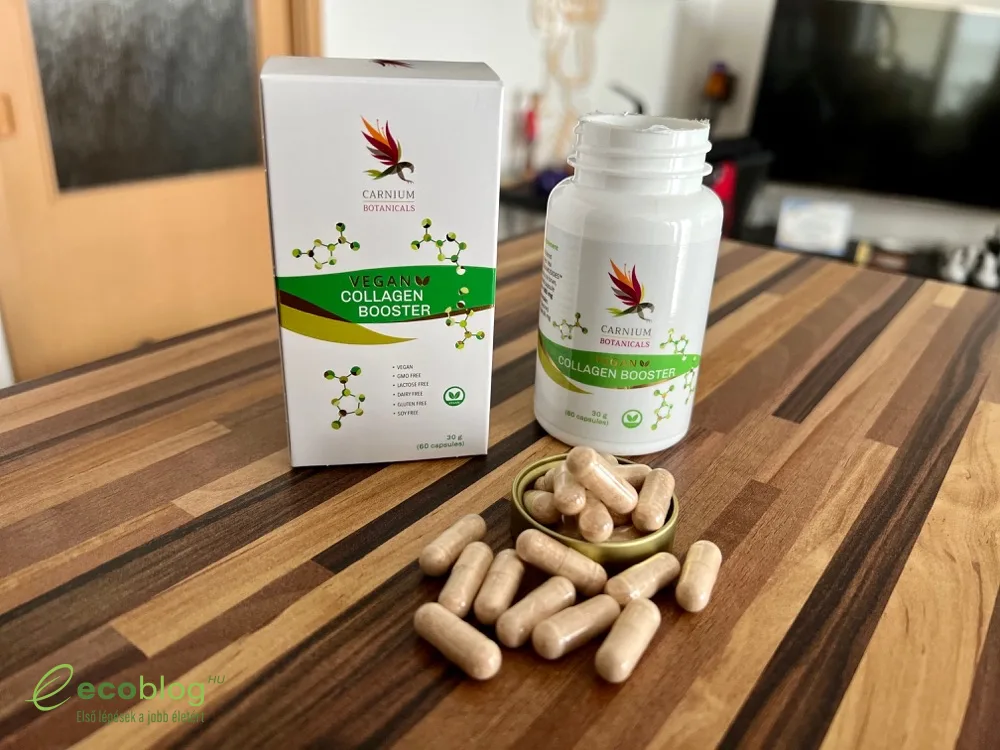 Carnium Botanicals Vegan Collagen Booster kapszula doboza a teszthez előkészítve