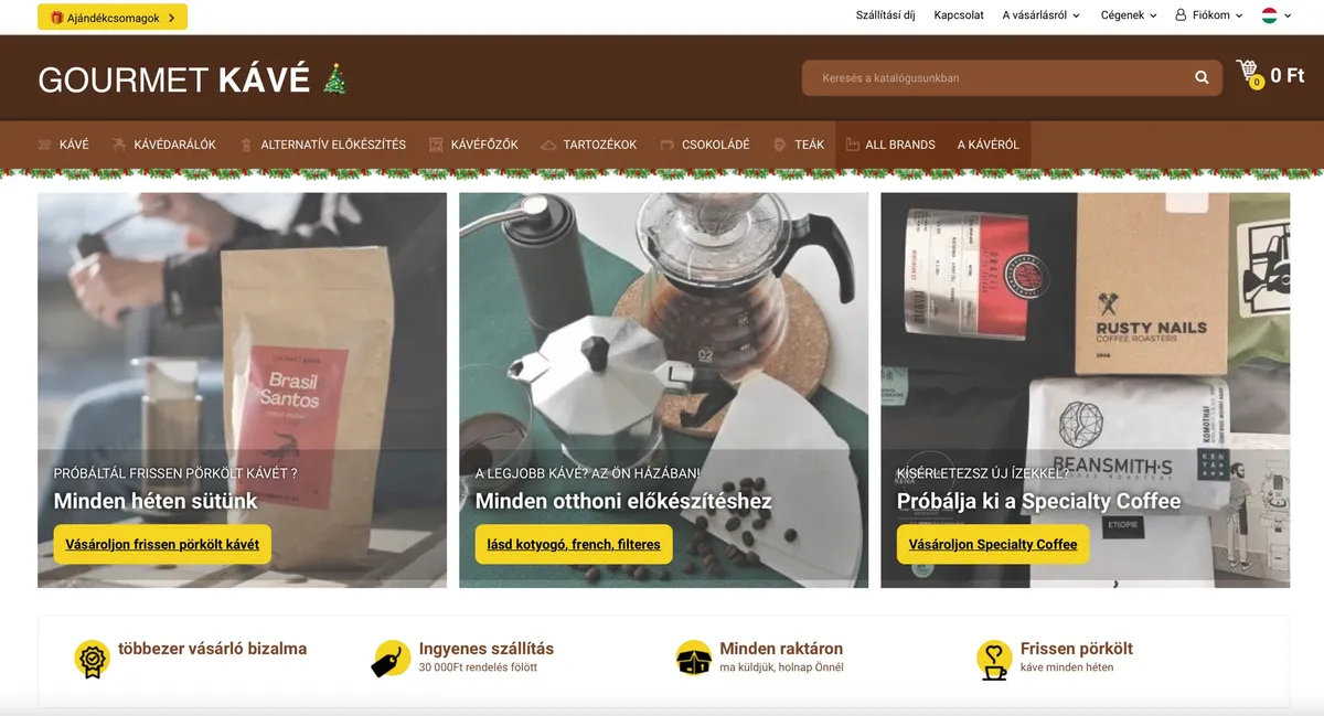 A Gourmet kávé webáruház főoldala a kávékkal és tartozékokkal