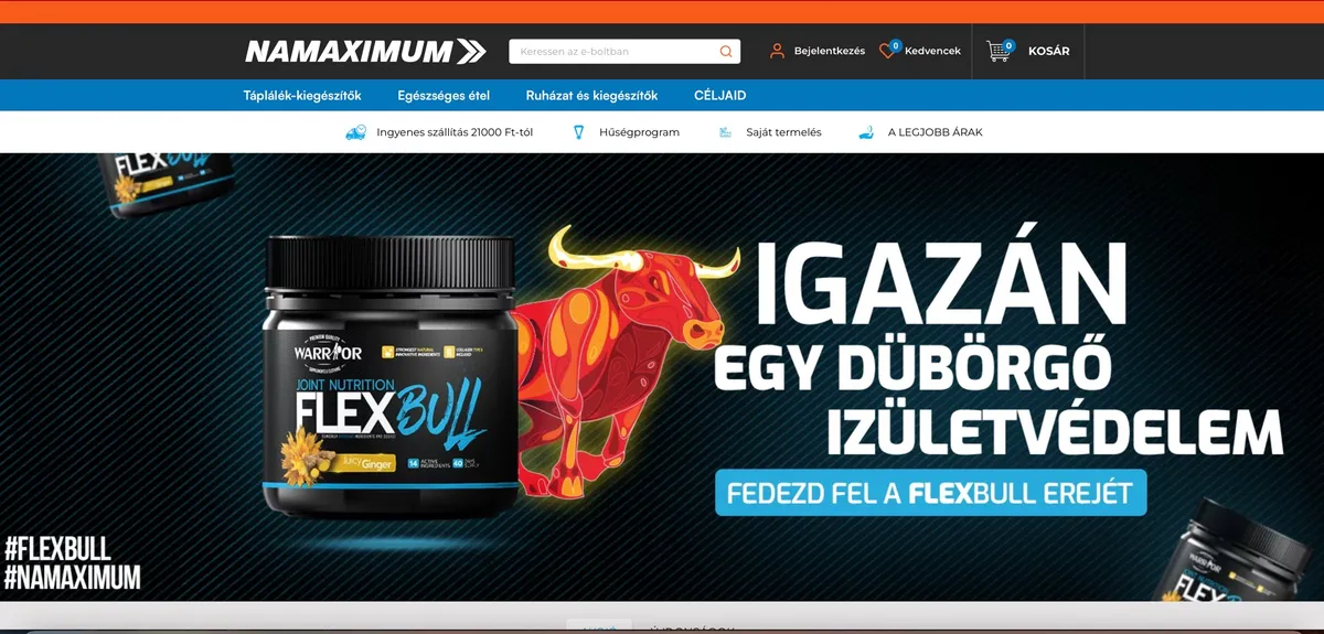 A NaMaximum e-shop nyitóoldala és termékkínálata