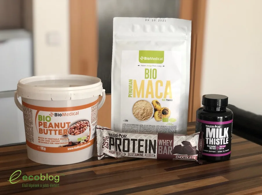 NaMaximum termékek a teszthez előkészítve: proteinszelet, Bio Maca, mogyoróvaj és máriatövis