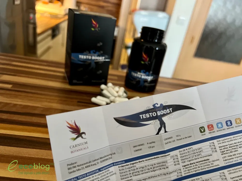 A Natural Testo Boost összetevőinek listája a Carnium Botanicals csomagolásán